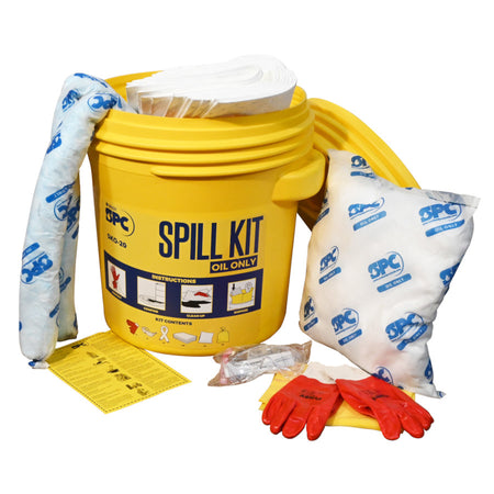 Olie lekkage in de werkplaats? Gebruik een Spill kit met absorptiemateriaal, met deze kit bent je snel ter plaatse van de lekkage - absorptieshop.nl