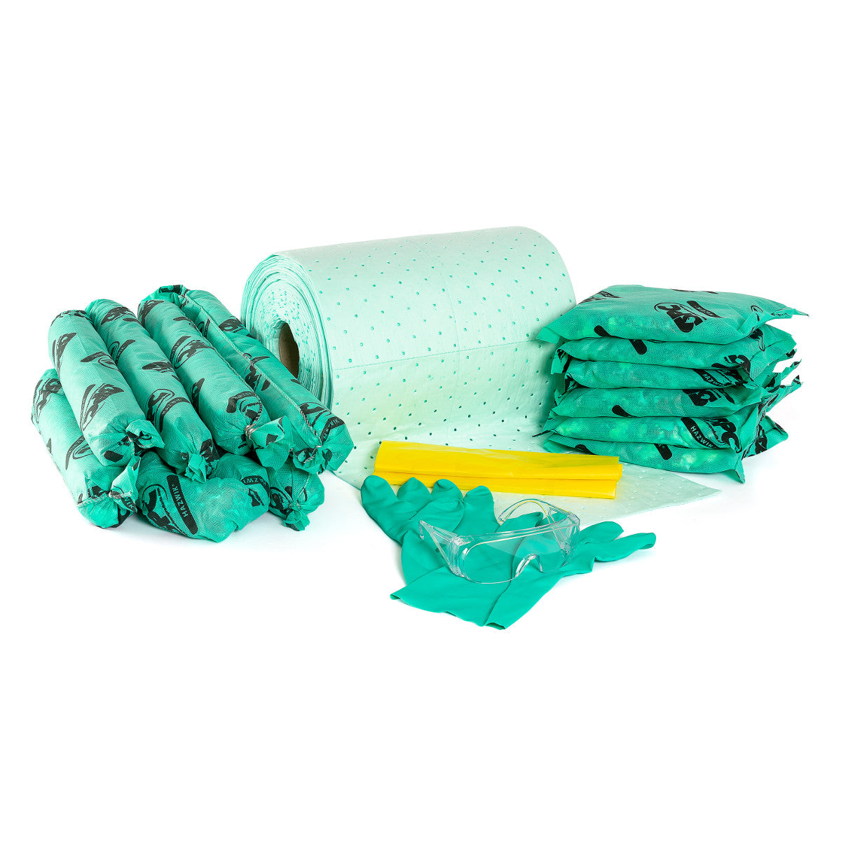 Complete set chemisch absorptiemateriaal met handschoenen en veiligheidsbril