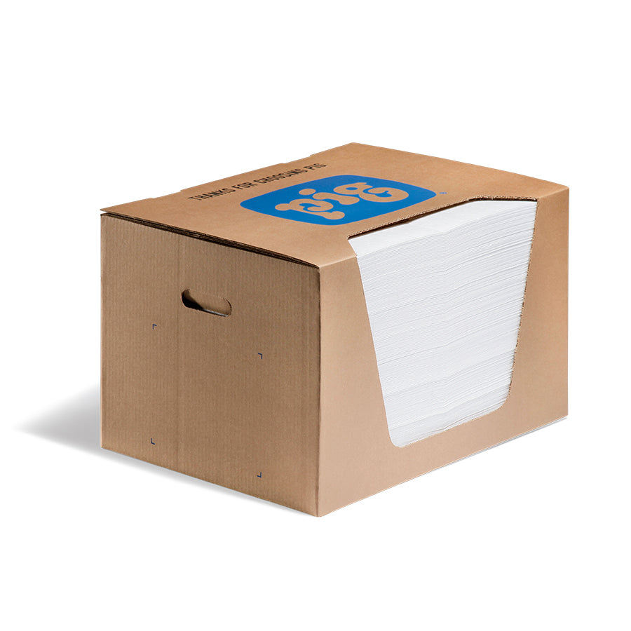 Doos met witte olie absorberende doeken van New Pig voor werkplaats en industrie