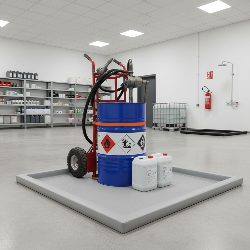 Grijze chemiebestendige lekmat hoge rand opvang chemische vloeistoffen laboratorium