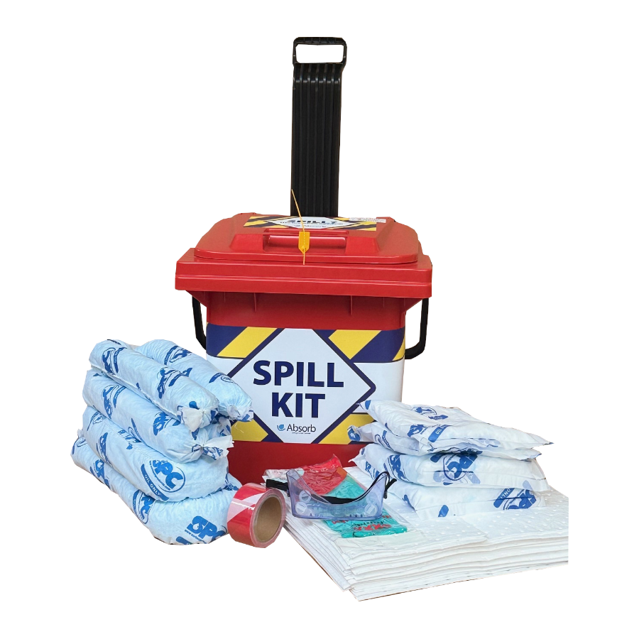 Oil-only spill kit kar met absorptiematten en sokken voor snelle inzet bij olielekkages op de werkvloer