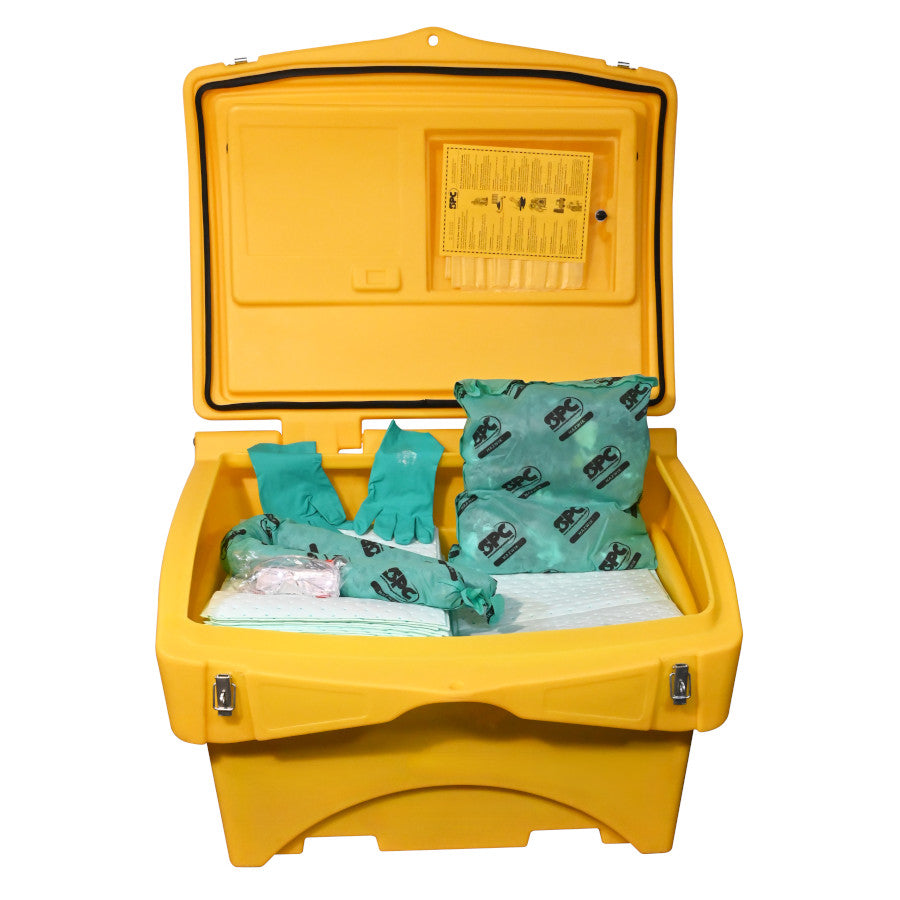 spill kit container voor opslag en opvang van chemische vloeistoffen