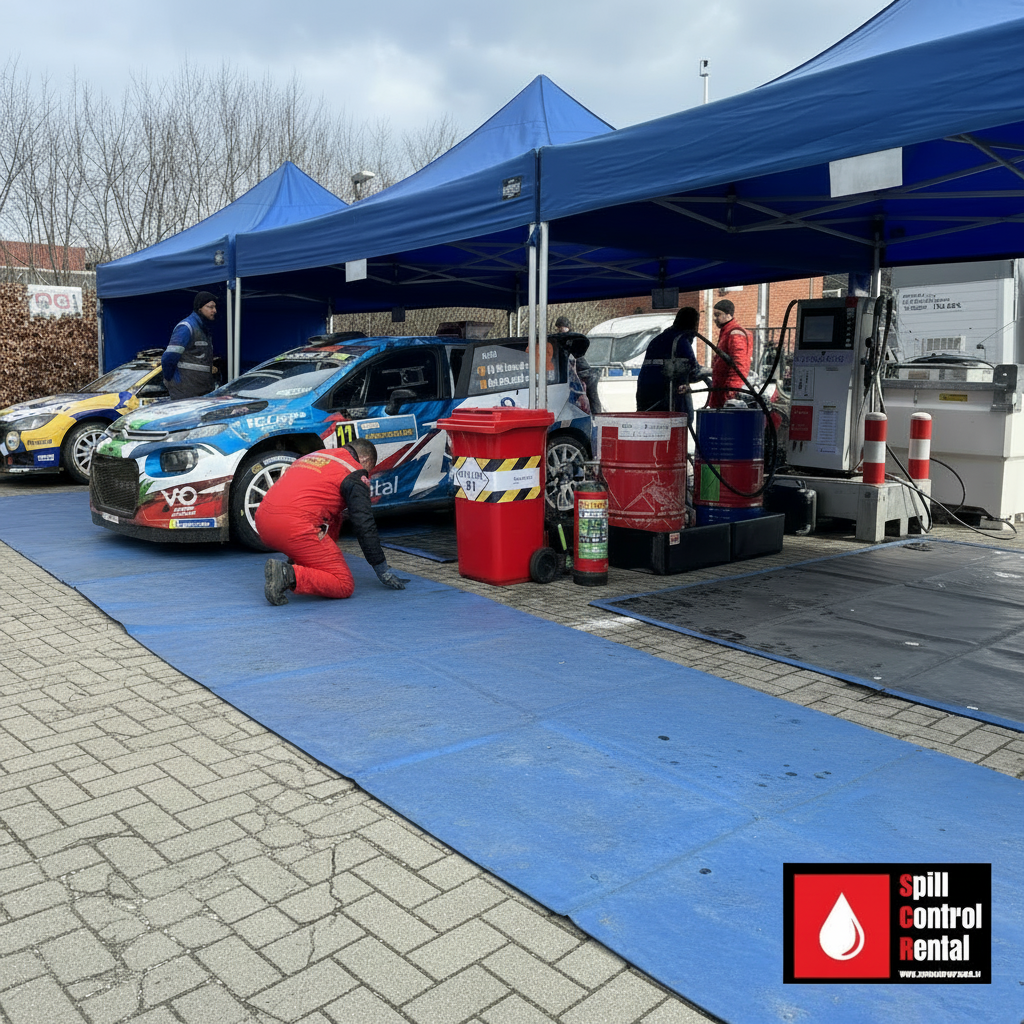 Autosport paddock met blauwe en zwarte lekmatten onder rallyauto en werkplek