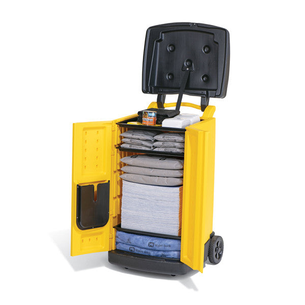 Gele spill kit op wielen voor waterlekkages in gebouwen en technische ruimtes