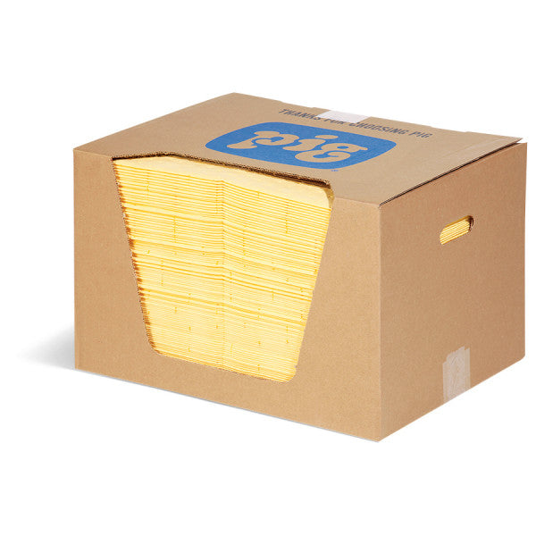 PIG High-Visibility gele absorptiematten – universeel inzetbaar, verkrijgbaar als dispenserdoos en zak, absorptieshop.nl