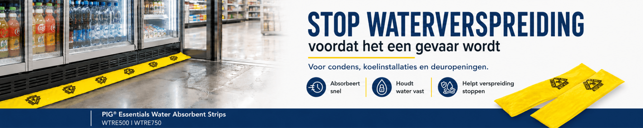 Lekkende koeling in supermarkt, benzinestation of versmarkt, geabsorbeerd met absorberende strips van Absorptieshop