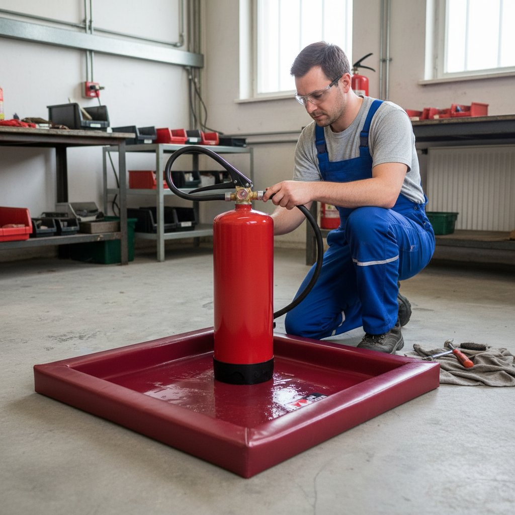 Brandblusserapparaat wordt gecontroleerd, staat op een bordeaux lekmat om water op te vangen