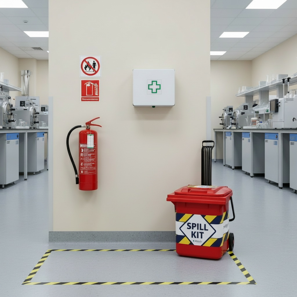 Spill kit chemie op een calamiteitenplein van een laboratorium, te koop bij absorptieshop
