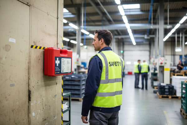 EHBO-koffer hangend aan de muur op een bedrijf, te koop bij absorptieshop