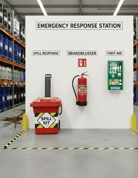 Emergency Response Station in olieopslagmagazijn met Cederroth EHBO station, absorptieshop.nl