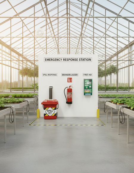 Emergency Response Station in plantenkas met Spill kit als er chemicaliën gemorst worden. 