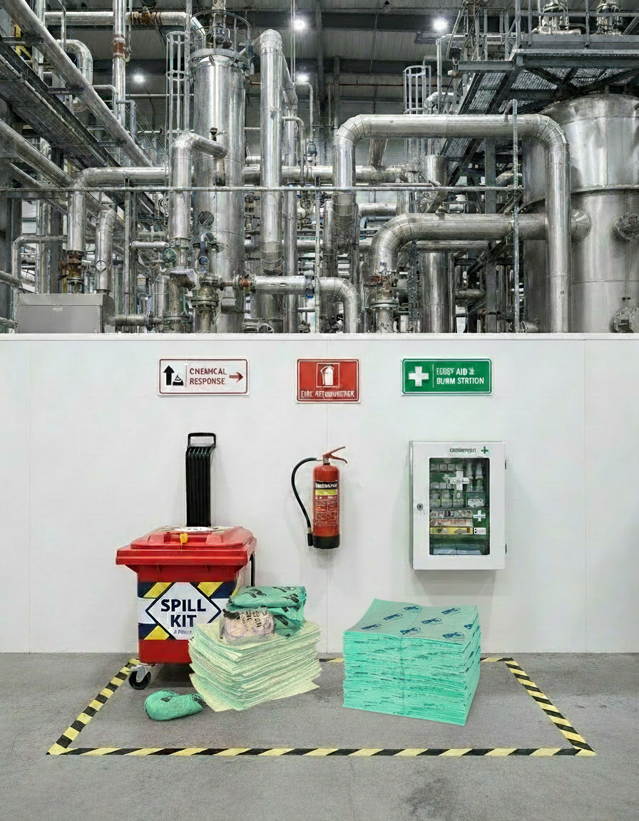 Emergency station in chemische fabriek met absorptiedoeken en spill kit, absorptieshop.nl