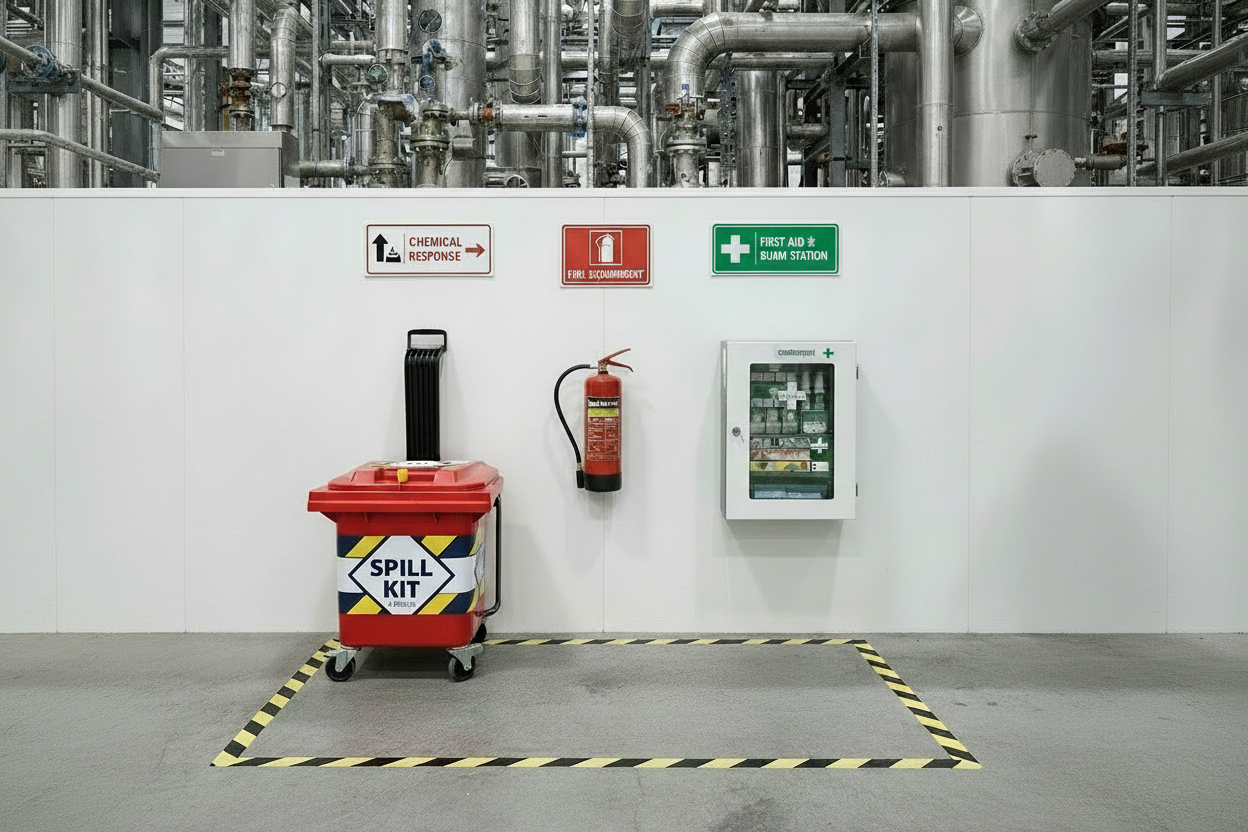 Emergency station in chemische fabriek zonder absorptiematerialen
