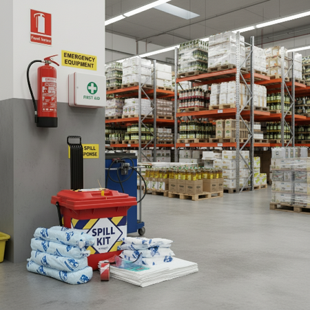 Emergency station in supermarktmagazijn waar kans is op lekkage van de verpakkingen, absorptieshop, spill kit.