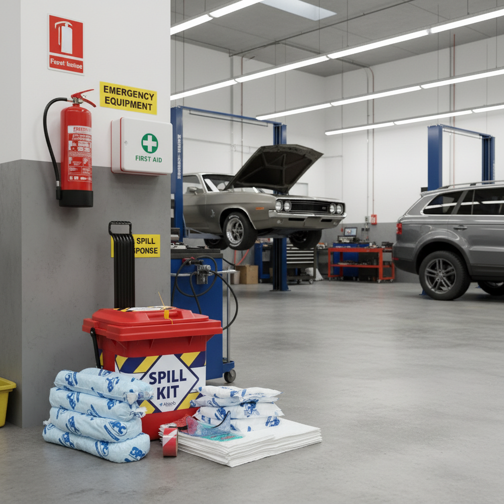 Calamiteitenplein in garage met spill kit wanneer er olie op de vloer lekt, absorptieshop.nl