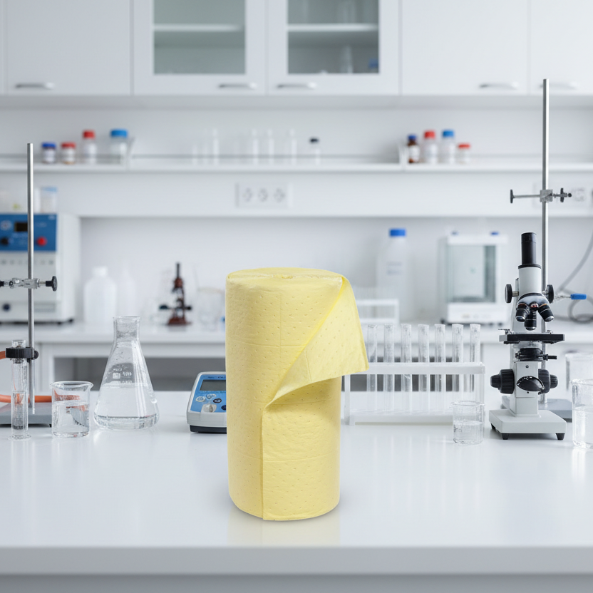 Gele absorptiedoeken in laboratorium, voor lekkages in het Lab, bij absorptieshop.nl