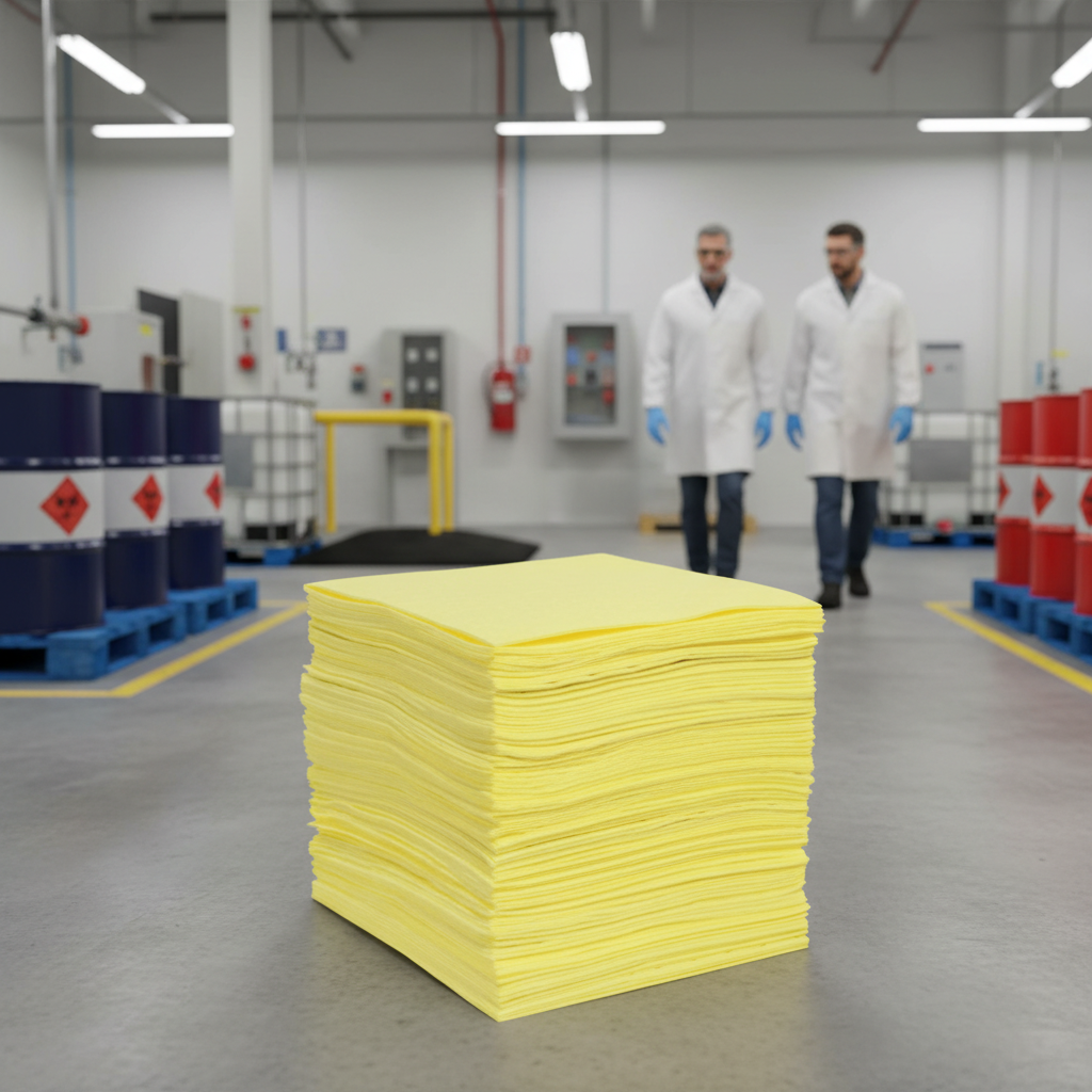 Gele chemische absorptiedoeken in industrieel magazijn