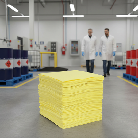 Gele chemische absorptiedoeken in industrieel magazijn