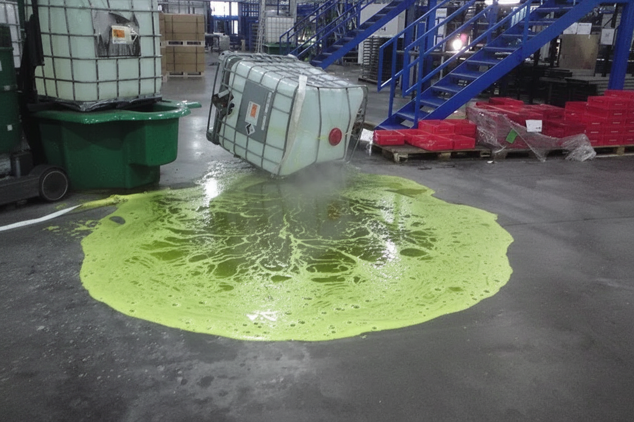 Giftige chemische lekkage zonder absorptiemateriaal