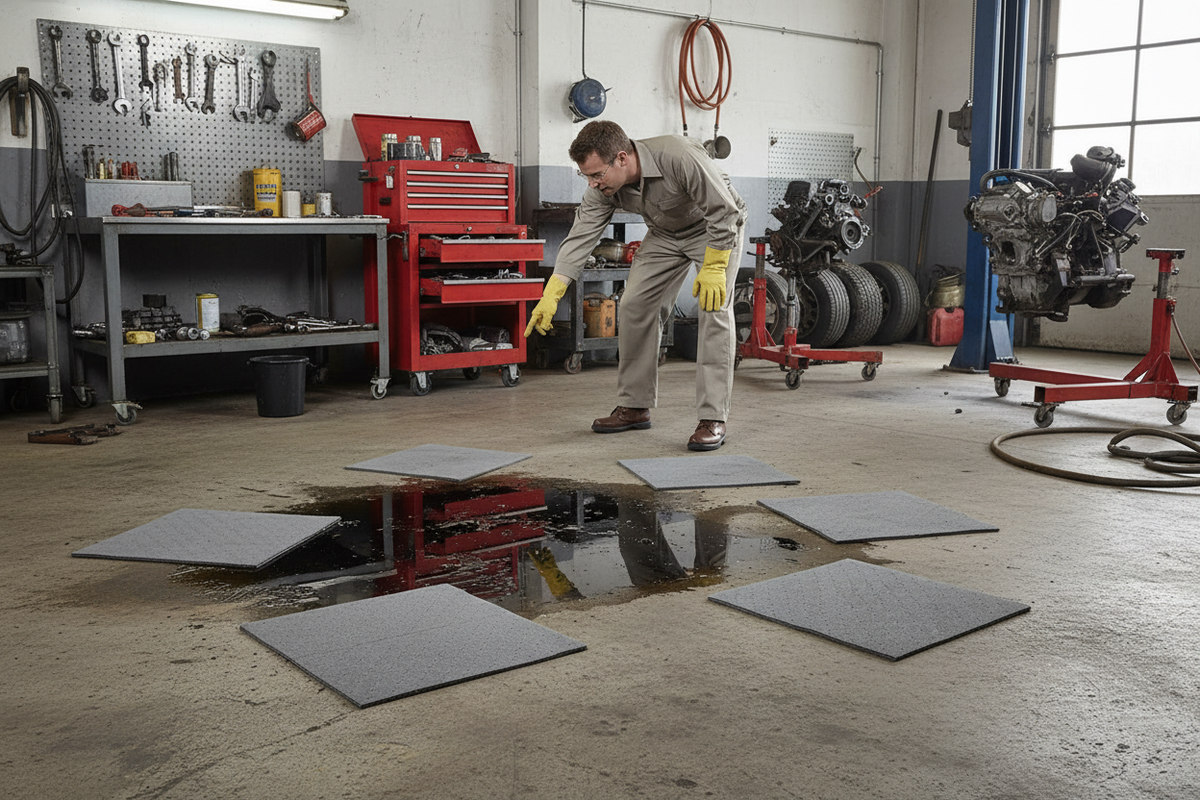 Grijze absorptiedoeken in garage met olie lekkage, gebruik absorptiedoeken van absorptieshop