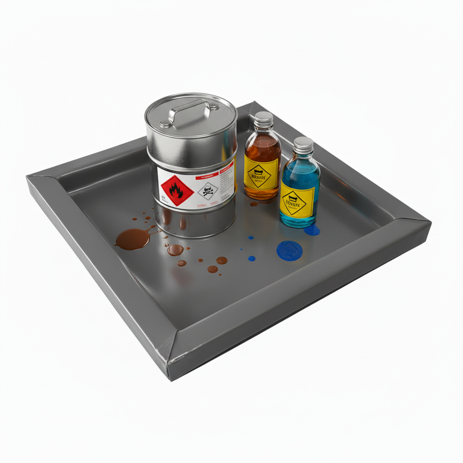 Grijze lekmat met chemische flessen en containers voor opvang bij lekkage