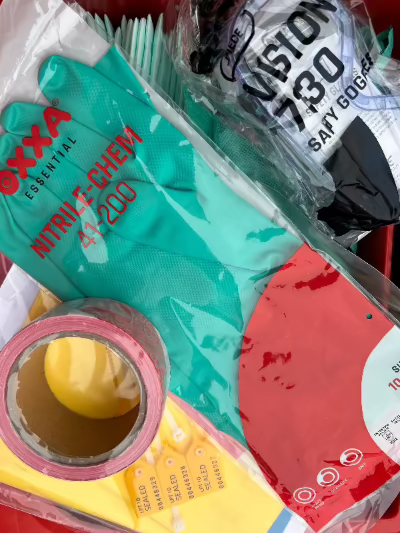 Handschoenen veiligheidsbril en afzetlint in een spill kit, deze producten zorgen ervoor dat je veilig te werk kan gaan bij lekkages.
