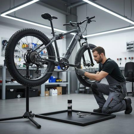 Lekmat bij fatbike met oliespray, olie opvangen bij lekken en morsen