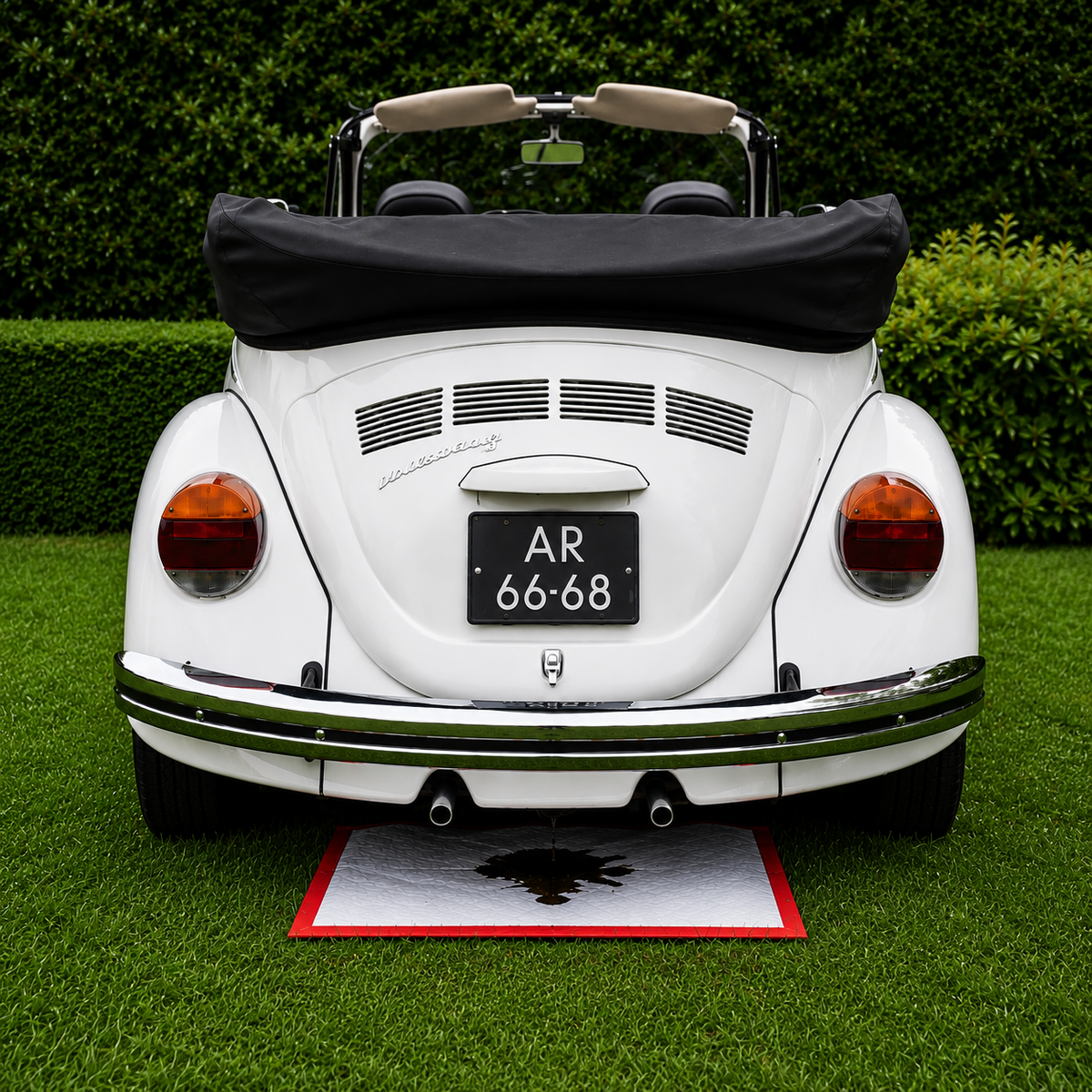 Oldtimer lekt olie op het gras waar deze gepakeerd staat, de lekmat vangt de olie op, Absorptieshop.