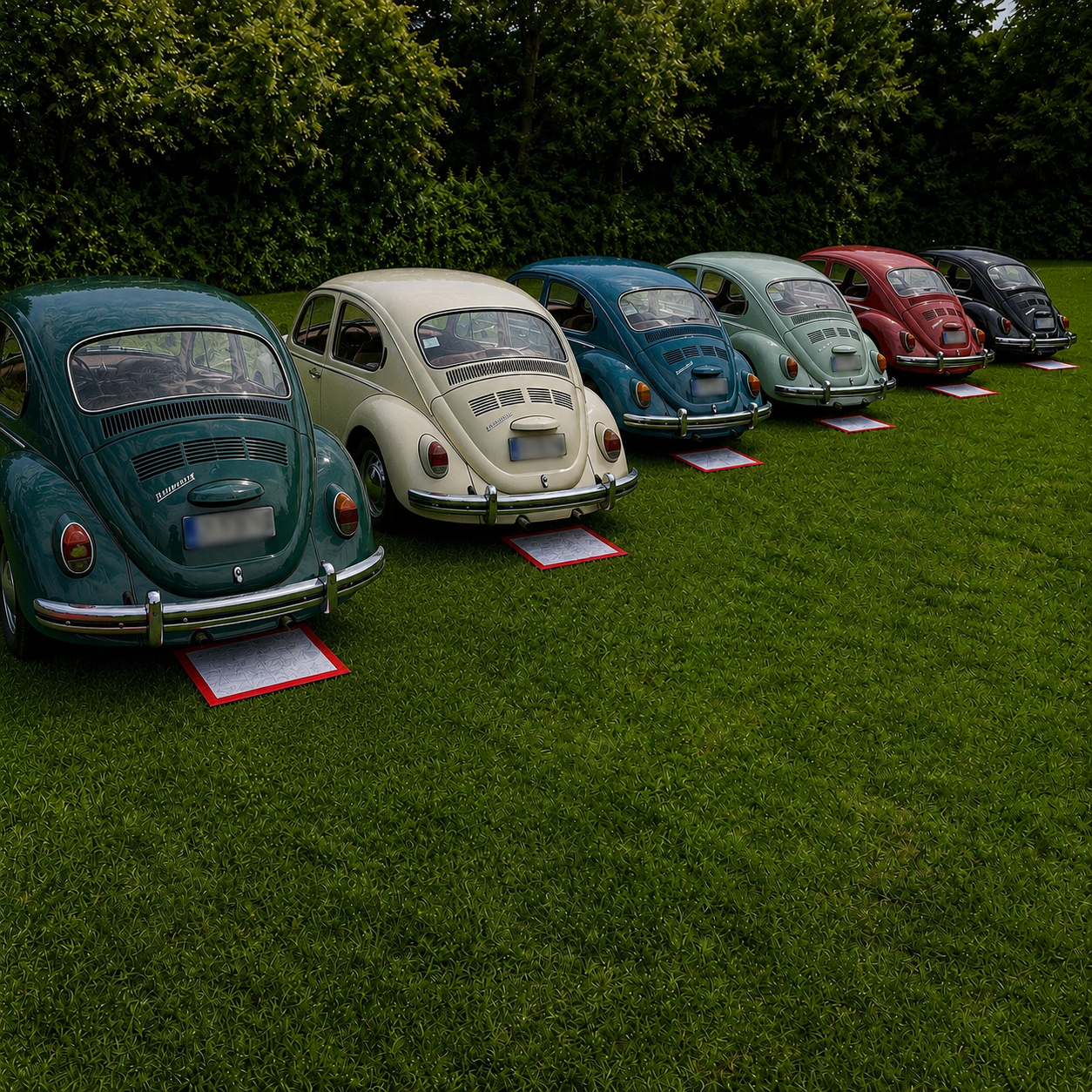 Oude Volkswagen kevers lekken olie op het gras waar deze gepakeerd staan, de lekmat vangt de olie op, Absorptieshop.