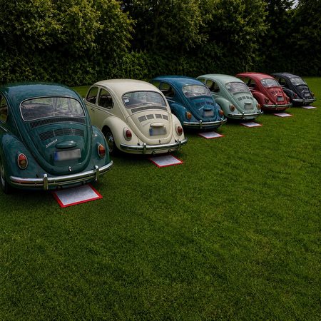 Oude Volkswagen kevers lekken olie op het gras waar deze gepakeerd staan, de lekmat vangt de olie op, Absorptieshop.
