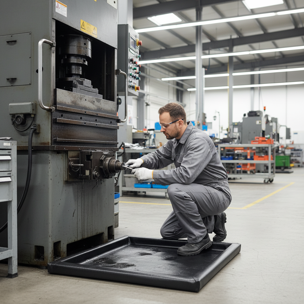 Monteur met 50x50cm lekmat, opvang olie tijdens reparatie aan machine