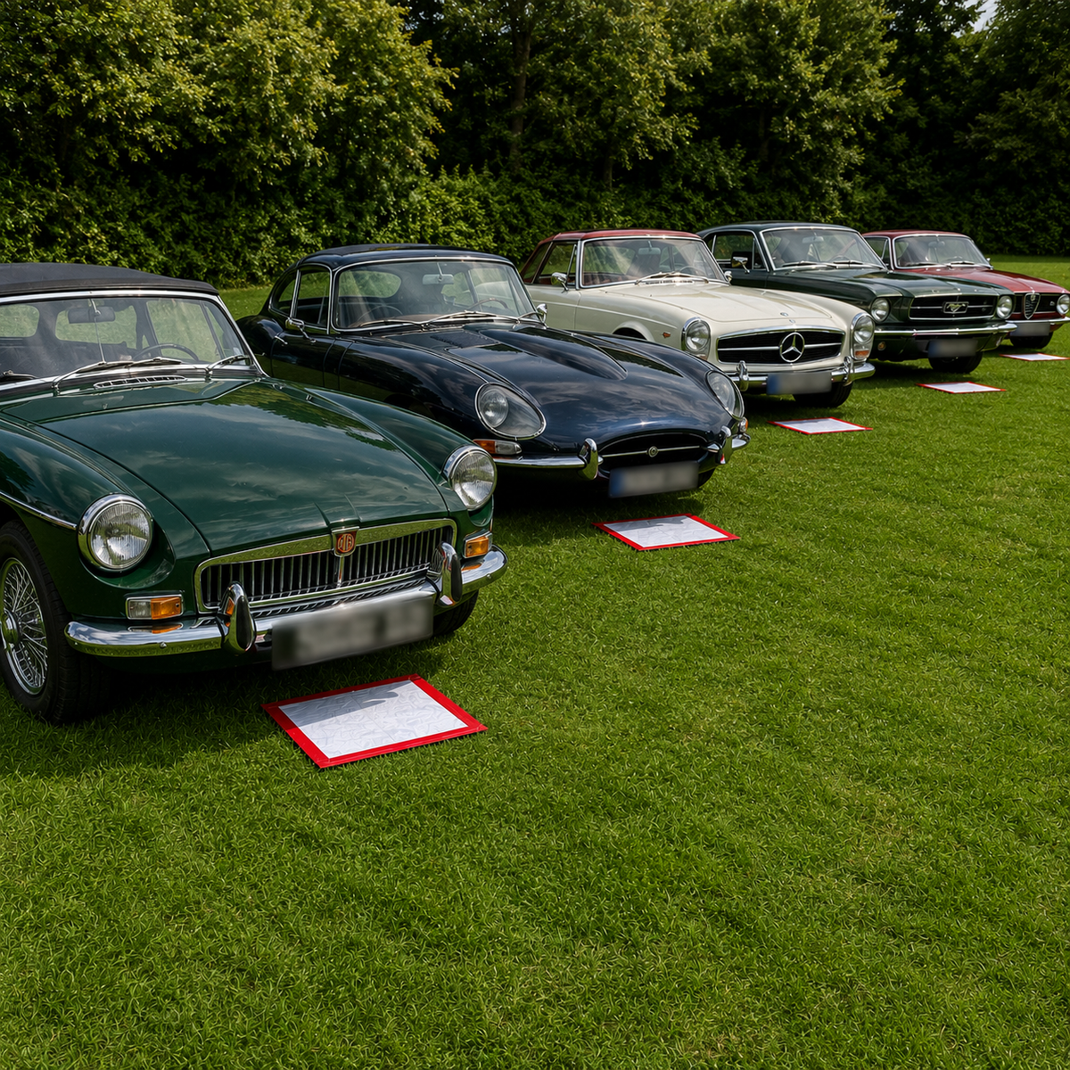 Oldtimers lekken olie op het gras waar deze gepakeerd staan, de lekmat vangt de olie op, Absorptieshop.