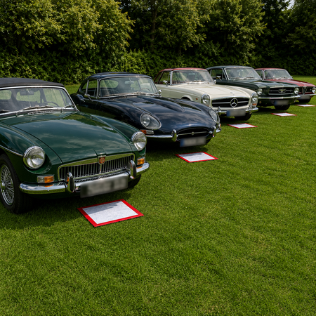 Oldtimers lekken olie op het gras waar deze gepakeerd staan, de lekmat vangt de olie op, Absorptieshop.