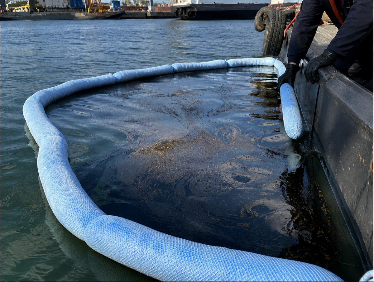 SPC olie absorberende slang wordt gebruikt in het water door een medewerker.