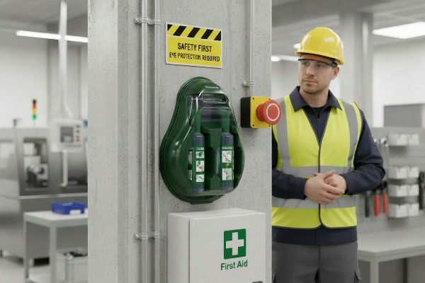 Oogspoelstation aan de muur bij ongelukken met oog tijdens werk, absorptieshop.nl