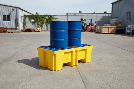 Opvangpallet 260L op buitenterrein voor opslag van vaten bij absorptieshop.nl