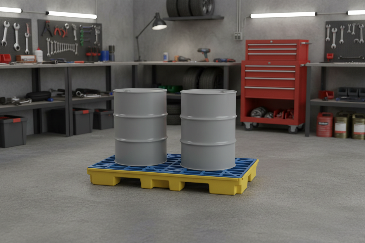 Pallet lekbak voor 2 drums verplaatsbaar met vorkheftruck