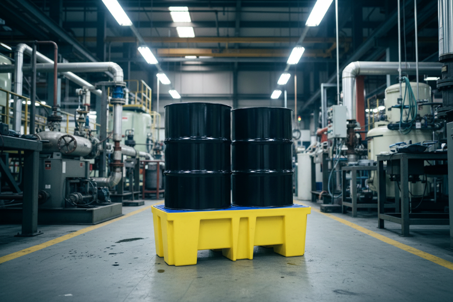 Opvangpallet met 2 vaten in productieruimte waar met olie gewerkt wordt