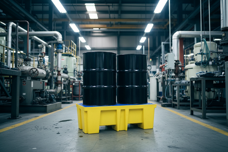 Opvangpallet met 2 vaten in productieruimte waar met olie gewerkt wordt