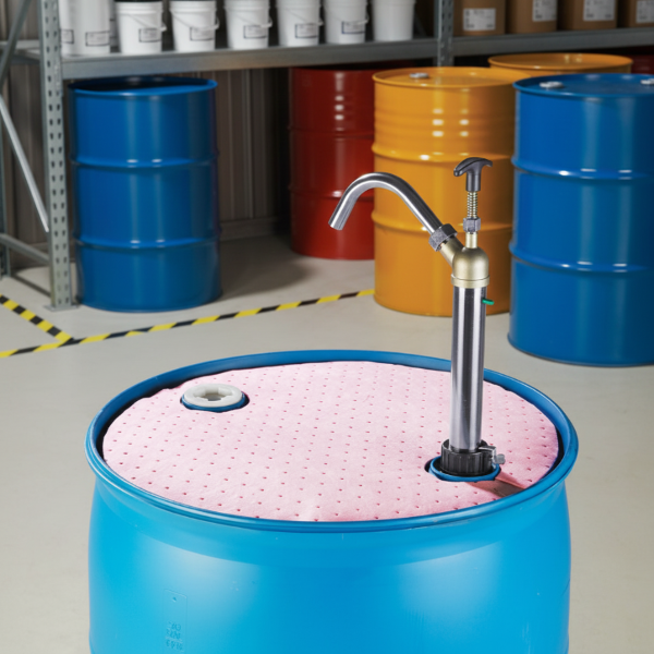 Roze PIG® HazMat absorptiemat op blauwe 210L chemisch vat met pomp in industrieel magazijn