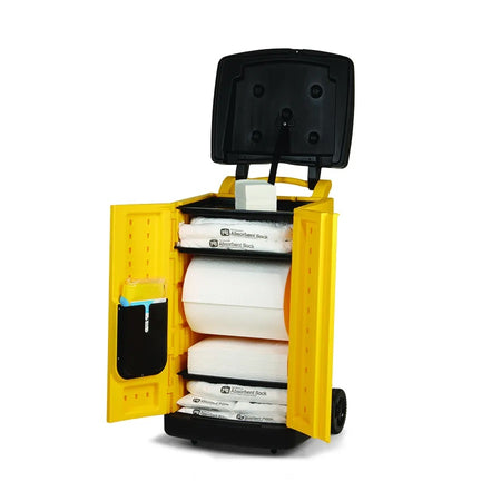 Geopende PIG® Oil-Only Large Spill Caddy met olie-absorberende doeken, rol, worsten en kussens voor snelle respons bij olielekkages.
