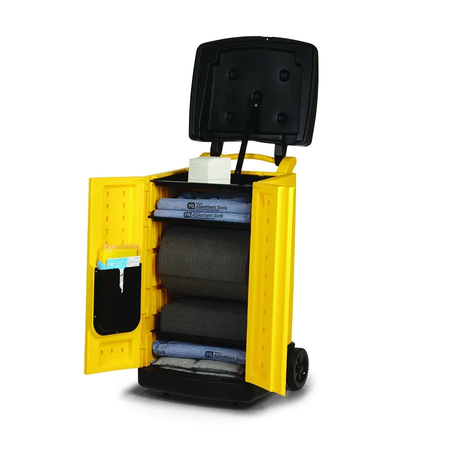 Geopende PIG® Universal Large Spill Caddy met absorberende matten, absorptieworsten, kussens en doeken voor het opruimen van universele lekkages.