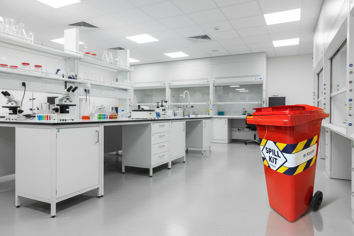 Verrijdbare spill kit voor snelle respons bij chemische morsen in laboratorium of ziekenhuis