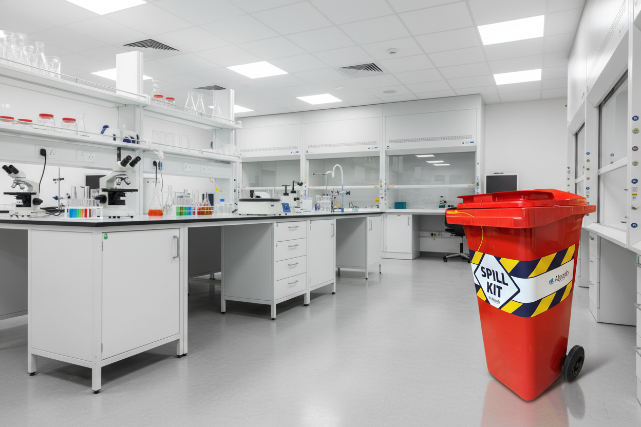 Verrijdbare spill kit voor snelle respons bij chemische morsen in laboratorium of ziekenhuis