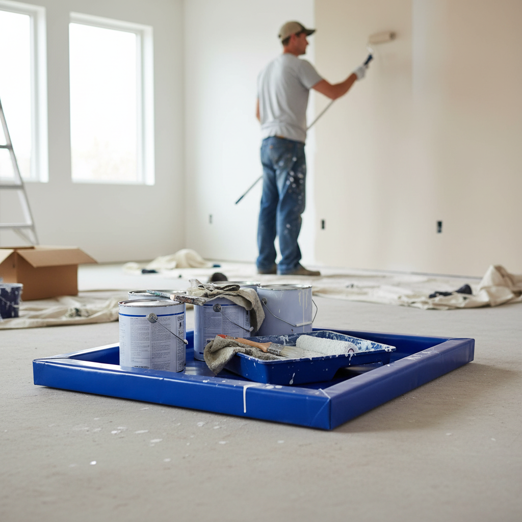 Schilder met blauwe lekmat - alle verfspullen staan op de lekmat zodat er niets op de grond gemorst wordt.