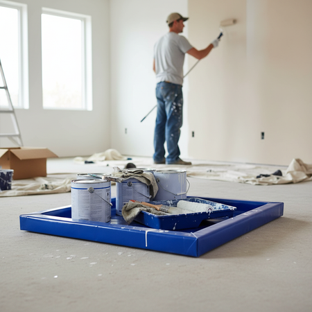 Schilder met blauwe lekmat - alle verfspullen staan op de lekmat zodat er niets op de grond gemorst wordt.