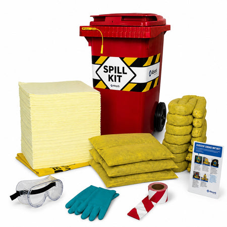 Absorptieshop rode spill kit op wielen met klepdeksel gevuld met absorptiematerialen die voor chemische lekkages bestemd zijn.