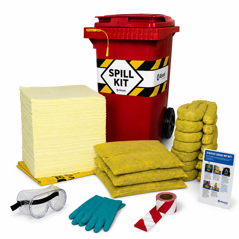 Absorptieshop rode spill kit op wielen met klepdeksel gevuld met absorptiematerialen die voor chemische lekkages bestemd zijn.