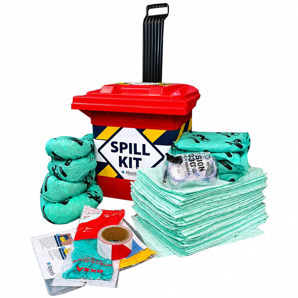 Spill kit van absorptieshop rood, gevuld met chemsich absorptiemateriaal met uitschuif handvat