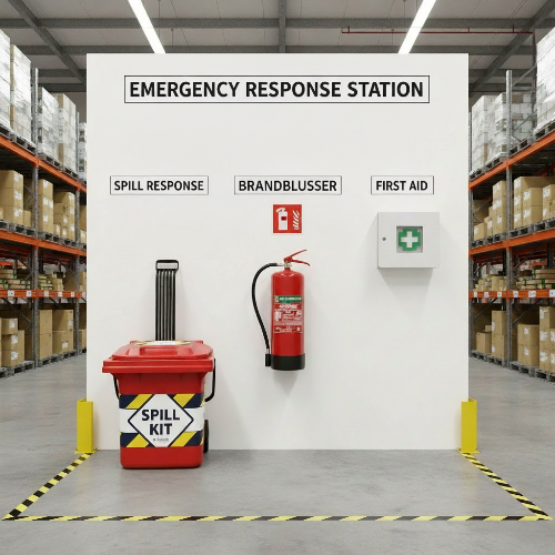 Spill kit instructies met brandblusser, als er lekkages op het werk zijn en de werkzaamheden verstoord worden, gebruik een spill kit.